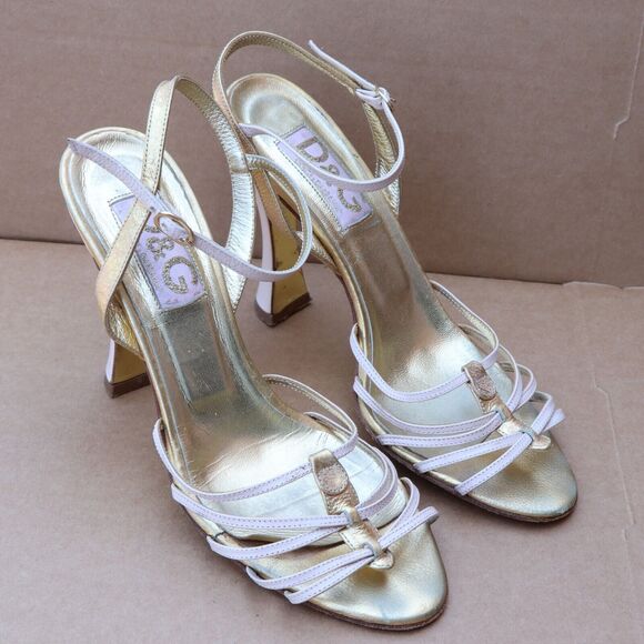 Dolce Gabbana Ankle Strap Heel Sandals Women's Size 6.5 Metallic Gold/Cream - Picture 1 of 10